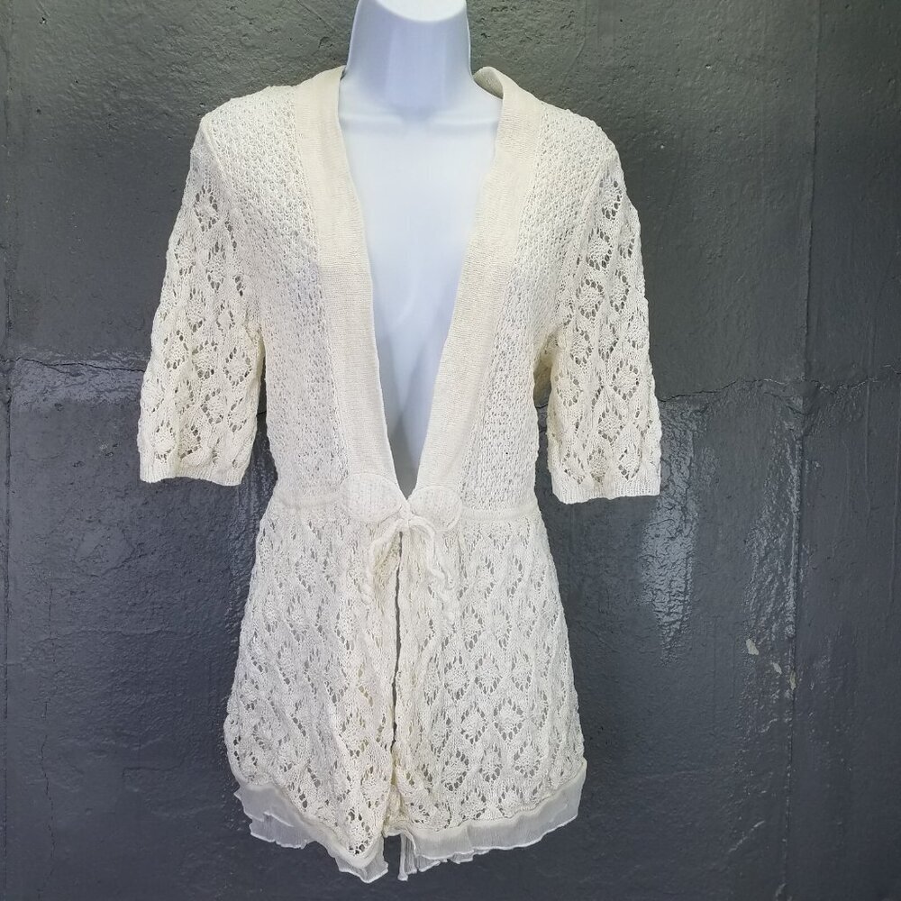 Soft Surroundings Frock Cardigan Women's M Sweater Linen Frills White Fairy Boho